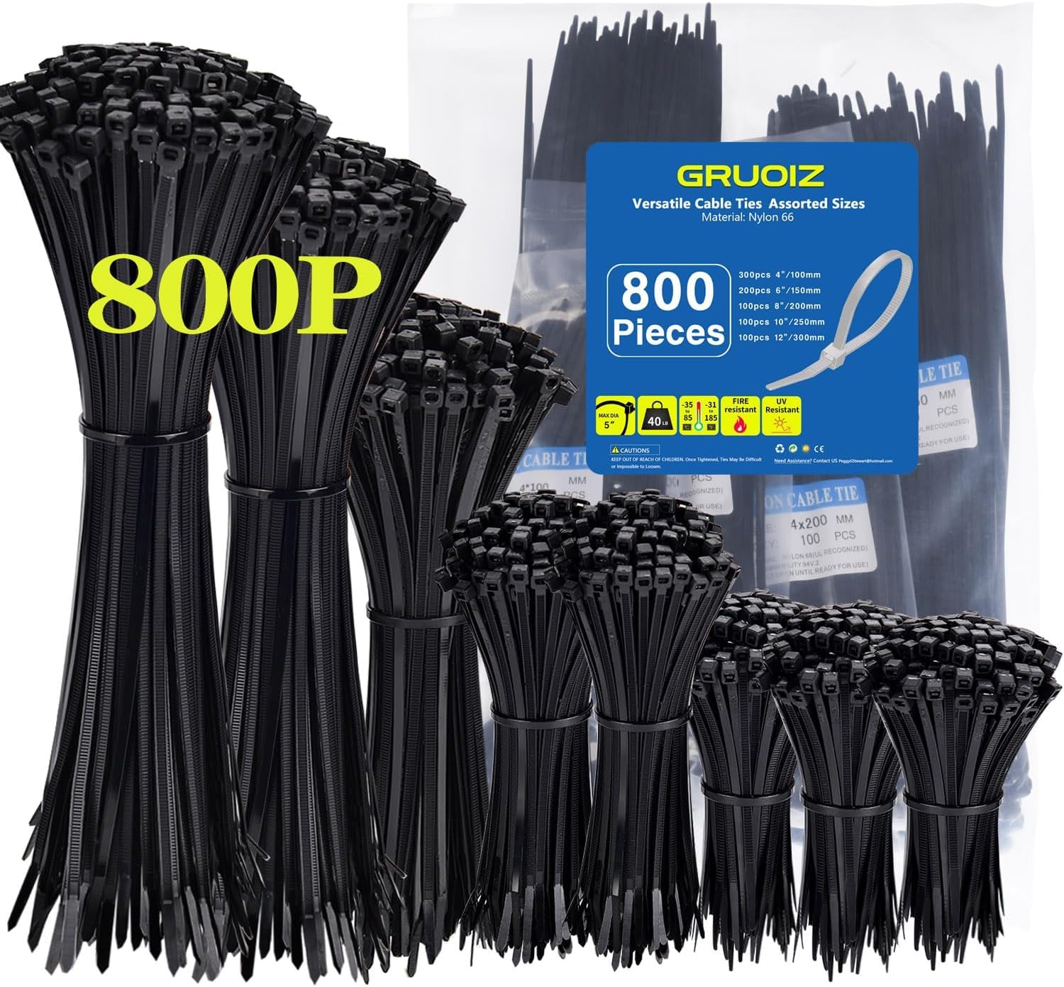 800 Pack Cable Ties Assorted Sizes 3.6mm x 100/150/200/250/300mm